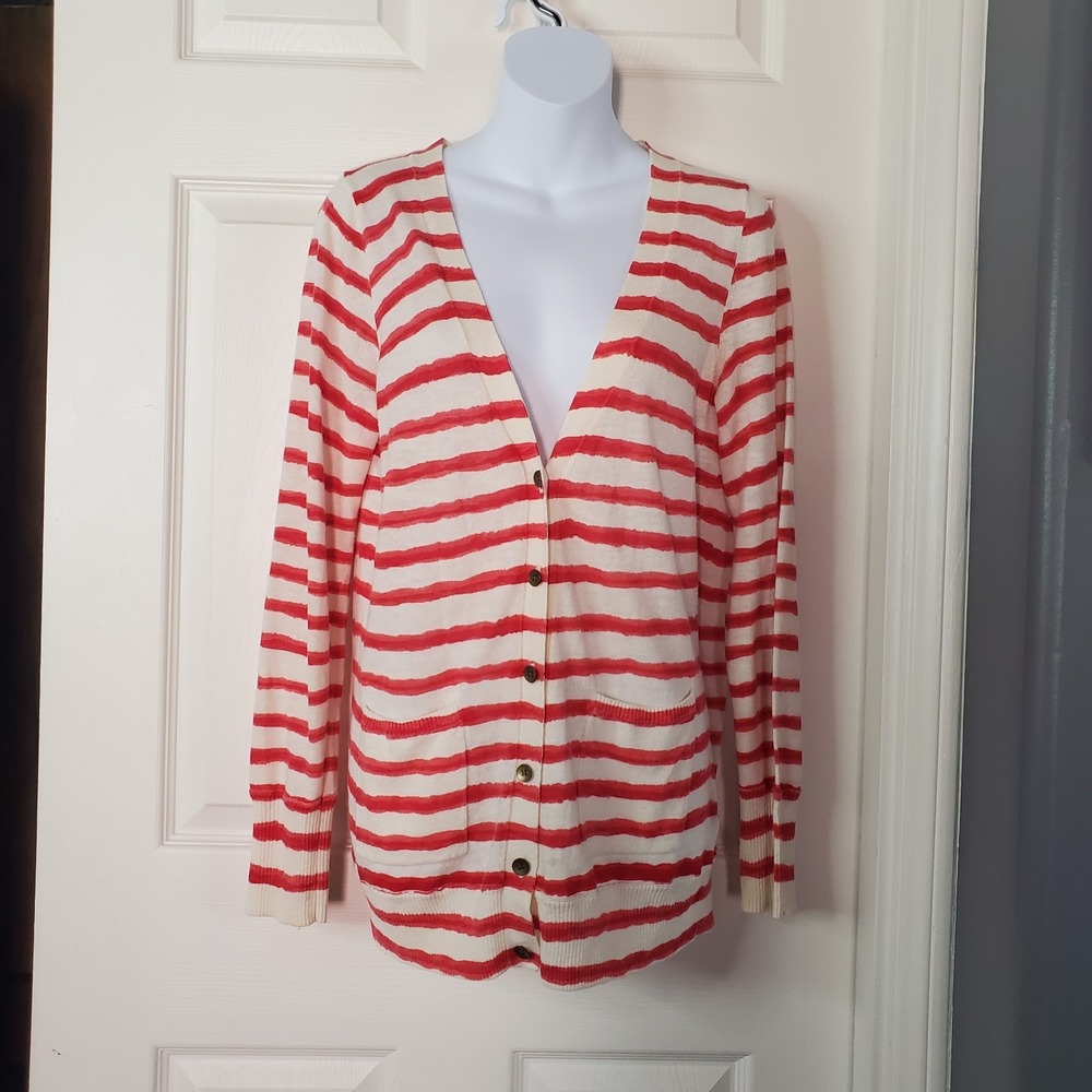 longline striped button-front cardigan Ivory Red Stripes Coastal Preppy Pockets